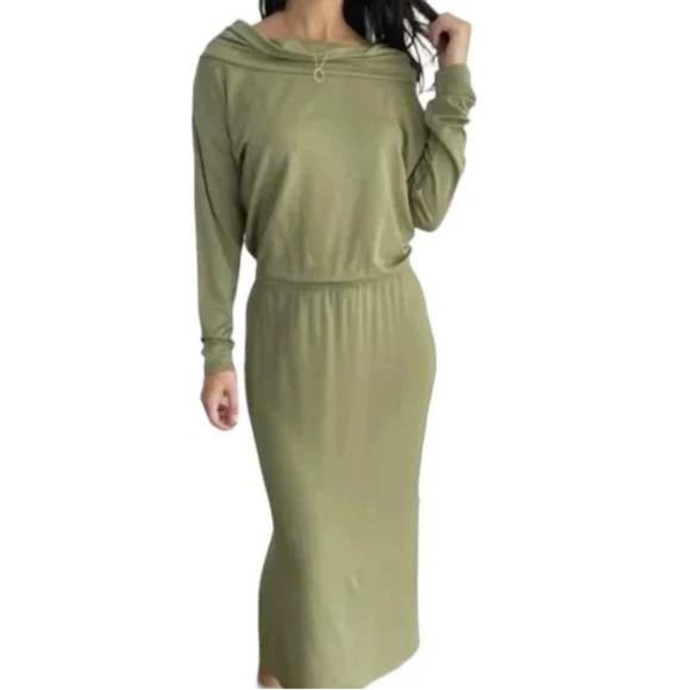 NEW DKNY Pure Cowl Neck Maxi‎ Dress Medium Green Womens Soft Knit Double Slit
